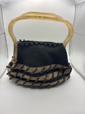 Black and Gold Crochet Ruffle Beaded Handbag with Amber Handles